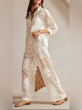 Sheer Floral Embroidered Button-Down Set in white